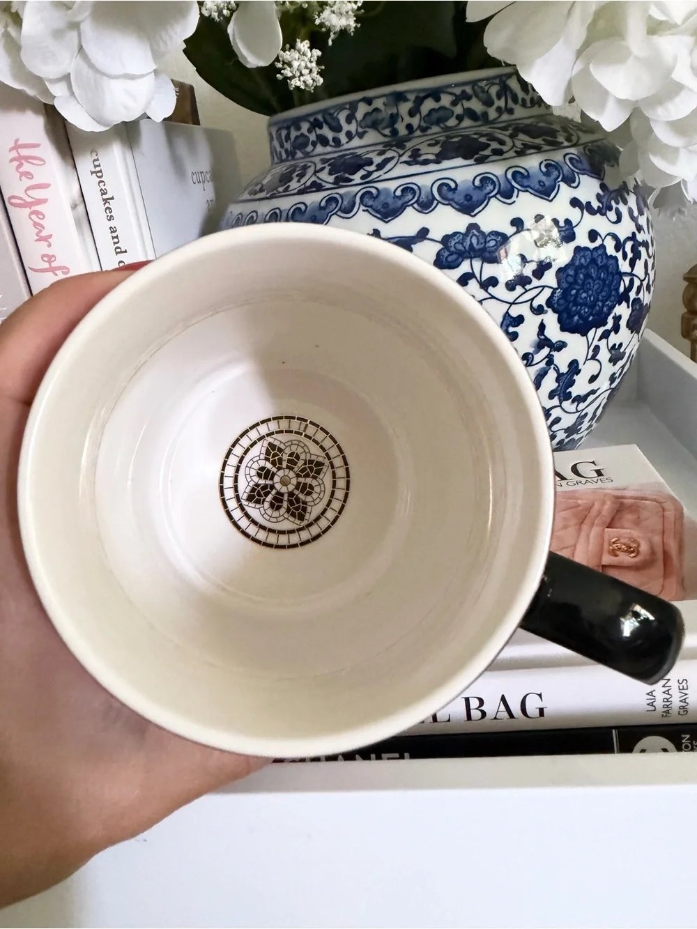 Anthropologie Navy and White Ceramic Mug with Classic Motif